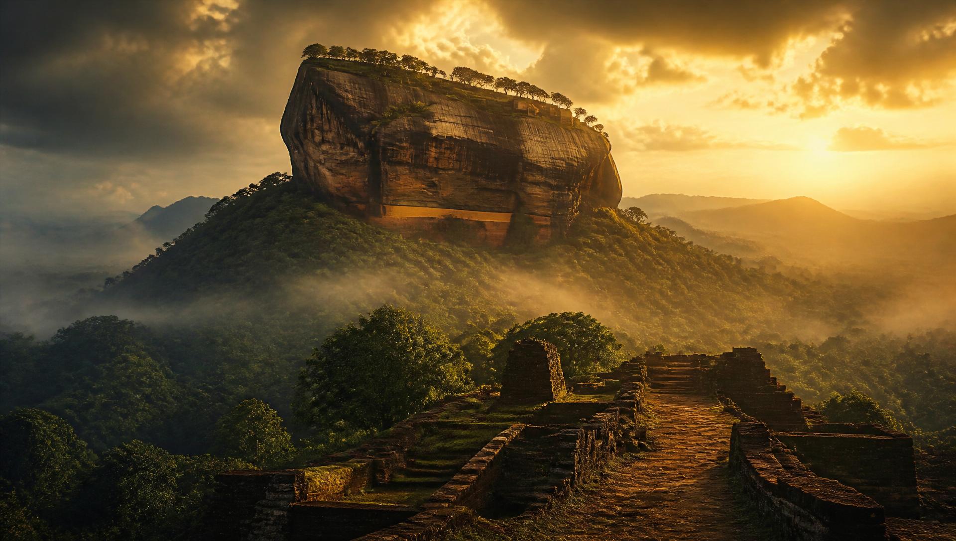 Sigiriya rock fortress at golden hour with mist over the jungle